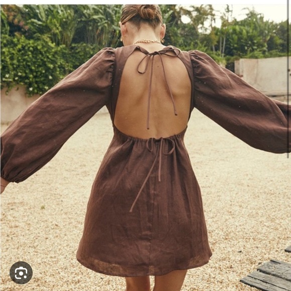 NWT DISSH Lenore Open Back Chocolate Brown Tie Neck Puff Sleeve Linen Dress US 6 - Picture 3 of 12